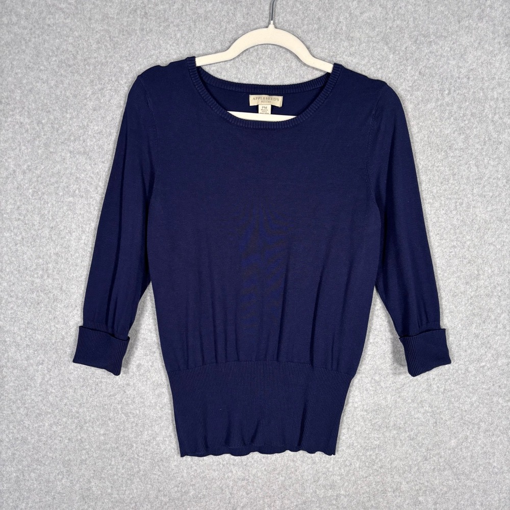 Appleseeds Petites Sweater Medium Navy 3/4 Sleeve Cuff Thin Nautical‎ Minimalist